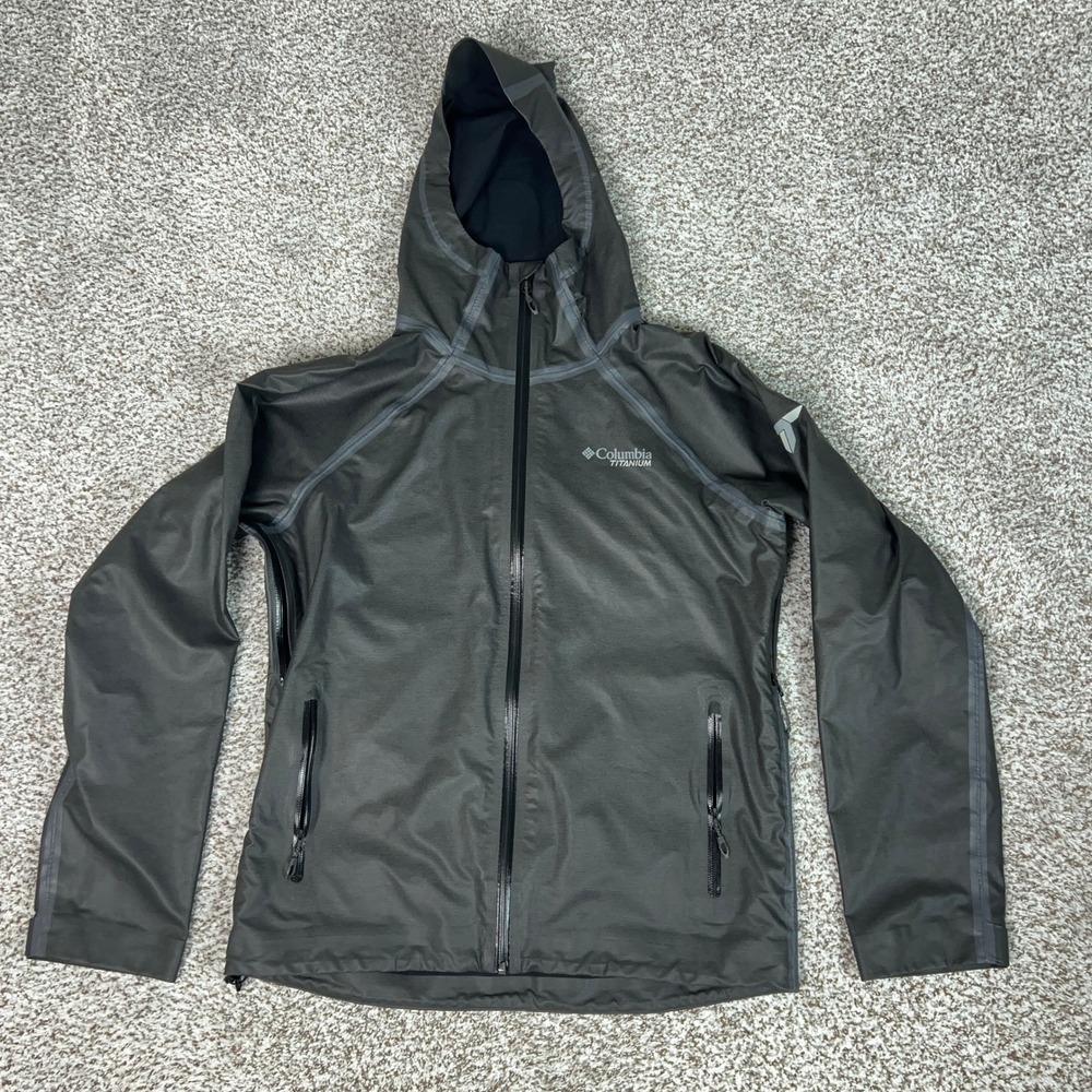 Columbia Jacket Mens Medium Gray Titanium Rain Hooded Hiking Outdoor Logo Coat